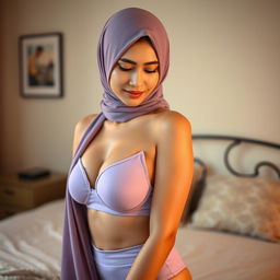 A beautiful Malay woman wearing a hijab, elegantly styled, posed in a mid shot portrait