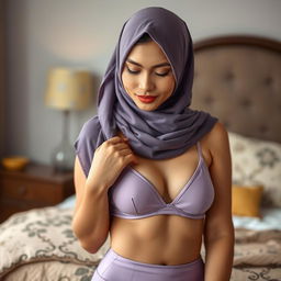 A beautiful Malay woman wearing a hijab, elegantly styled, posed in a mid shot portrait