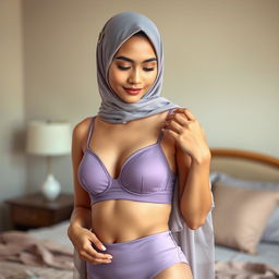 A beautiful Malay woman wearing a hijab, elegantly styled, posed in a mid shot portrait