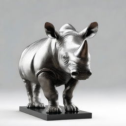 This is a high-quality image of a silver statue of a black rhino, presented with no background