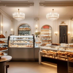 A modern Parisian style interior of a bakery cafe with a white color scheme, featuring elegant furniture, beautiful bright lighting, freshly baked pastries elegantly displayed in clear glass cases, and state-of-the-art coffee brewing appliances.