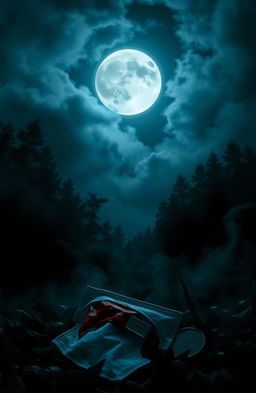 A hauntingly beautiful scene depicting a full moon surrounded by wispy clouds, casting an eerie glow over a dark atmospheric forest