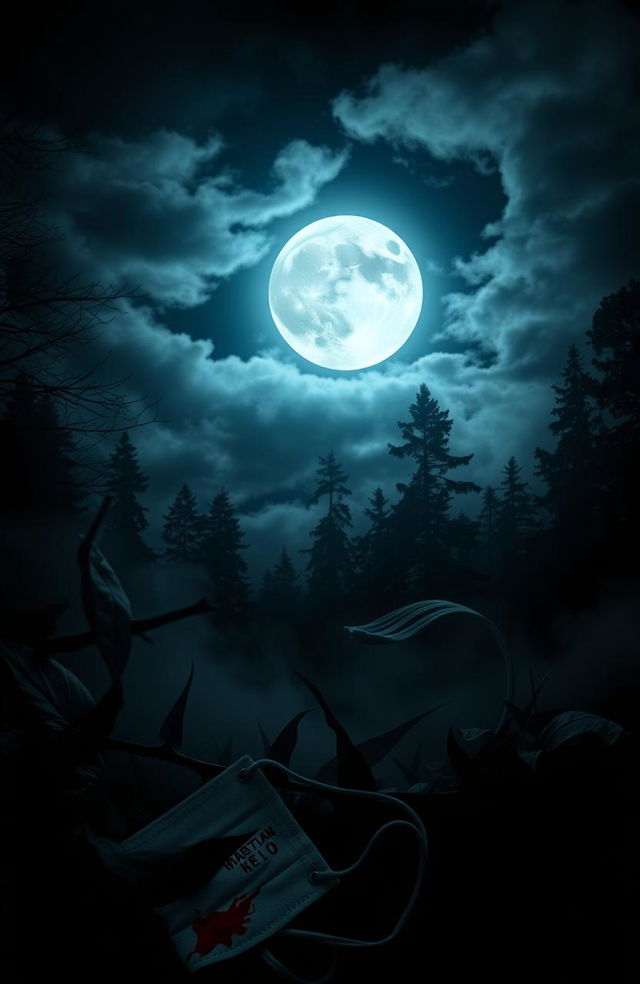 A hauntingly beautiful scene depicting a full moon surrounded by wispy clouds, casting an eerie glow over a dark atmospheric forest