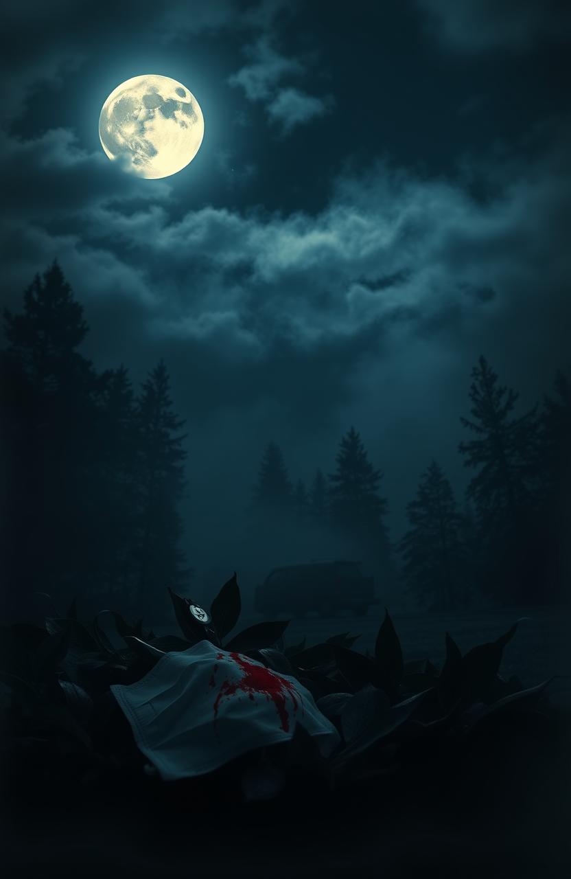 A hauntingly beautiful scene depicting a full moon surrounded by wispy clouds, casting an eerie glow over a dark atmospheric forest