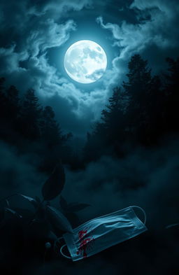 A hauntingly beautiful scene depicting a full moon surrounded by wispy clouds, casting an eerie glow over a dark atmospheric forest