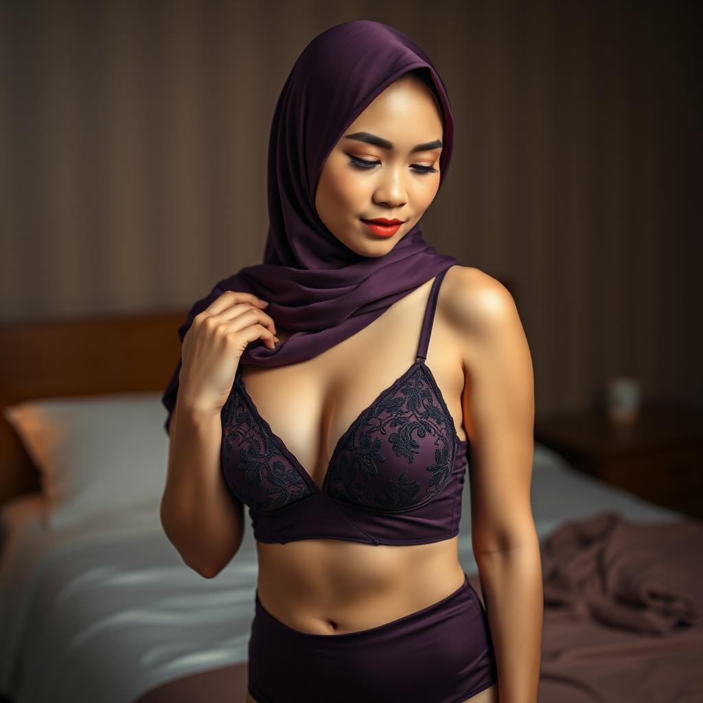 A stunning Malay woman wearing a hijab, styled gracefully, posed in a mid shot portrait