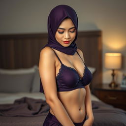 A stunning Malay woman wearing a hijab, styled gracefully, posed in a mid shot portrait