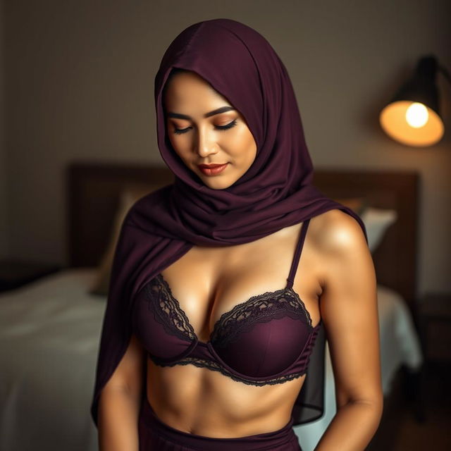 A stunning Malay woman wearing a hijab, styled gracefully, posed in a mid shot portrait