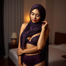 A stunning Malay woman wearing a hijab, styled gracefully, posed in a mid shot portrait