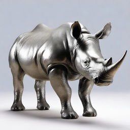 This is a high-quality image of a silver statue of a black rhino, presented with no background and no platform