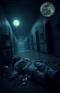 A dark and eerie hospital scene at night, illuminated by a pale, full moon