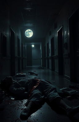 A dark and eerie hospital scene at night, illuminated by a pale, full moon