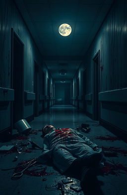 A dark and eerie hospital scene at night, illuminated by a pale, full moon