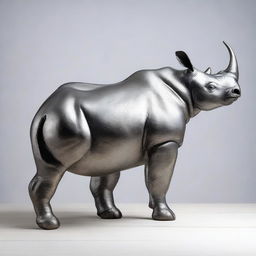 This is a high-quality image of a silver statue of a black rhino, presented with no background and no platform