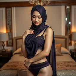 A captivating Malay woman wearing a hijab, gracefully posed in a mid shot portrait