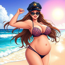 An illustration of an oversized busty female wearing revealing lingerie and a police hat, posing confidently on a beautiful beach