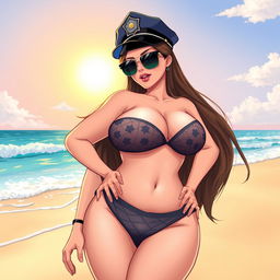 An illustration of an oversized busty female wearing revealing lingerie and a police hat, posing confidently on a beautiful beach