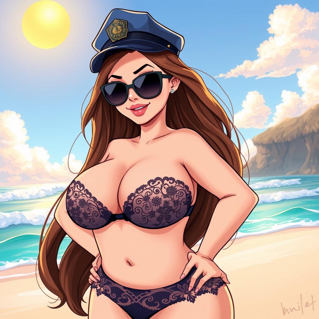 An illustration of an oversized busty female wearing revealing lingerie and a police hat, posing confidently on a beautiful beach