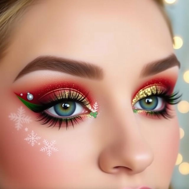 A creative and cute Christmas eye makeup look featuring vibrant festive colors like red, green, and gold