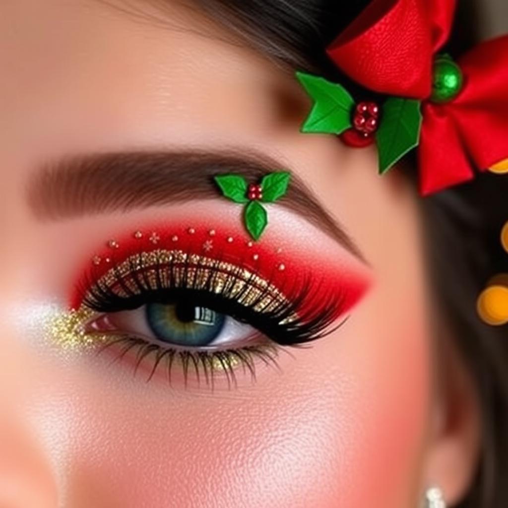 A creative and cute Christmas eye makeup look featuring vibrant festive colors like red, green, and gold