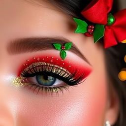 A creative and cute Christmas eye makeup look featuring vibrant festive colors like red, green, and gold