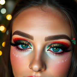A creative and cute Christmas eye makeup look featuring vibrant festive colors like red, green, and gold