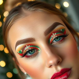 A creative and cute Christmas eye makeup look featuring vibrant festive colors like red, green, and gold