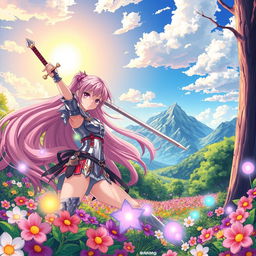 A vibrant anime landscape featuring a magical forest filled with colorful flowers and glowing orbs of light