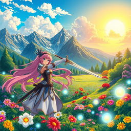 A vibrant anime landscape featuring a magical forest filled with colorful flowers and glowing orbs of light