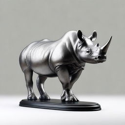 This is a high-quality image of a silver statue of a black rhino, presented with no background and no platform