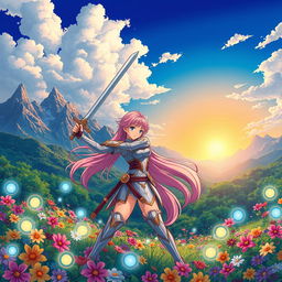 A vibrant anime landscape featuring a magical forest filled with colorful flowers and glowing orbs of light