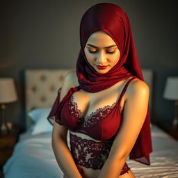 A striking Malay woman wearing a hijab, elegantly posed in a mid shot portrait