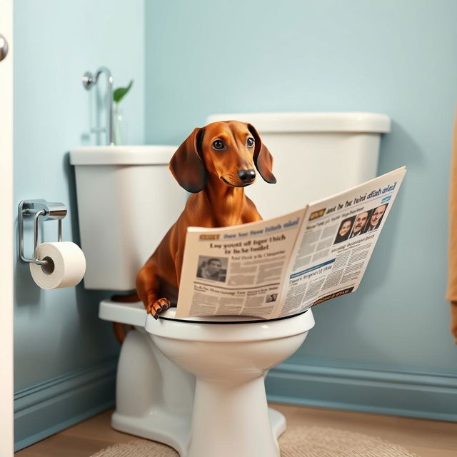 A humorous scene featuring a brown dachshund sitting on a toilet reading a newspaper