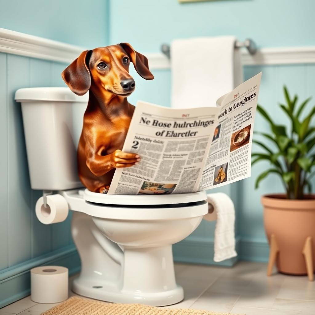 A humorous scene featuring a brown dachshund sitting on a toilet reading a newspaper