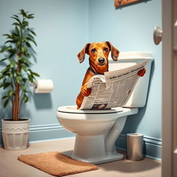 A humorous scene featuring a brown dachshund sitting on a toilet reading a newspaper