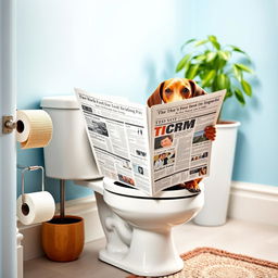 A humorous scene featuring a brown dachshund sitting on a toilet reading a newspaper