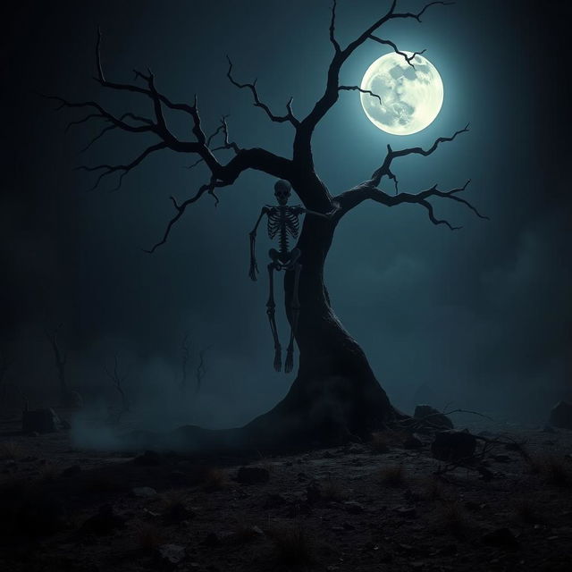 A chilling scene depicting a skeleton hanging ominously from a gnarled tree branch in the middle of a desolate, dark landscape