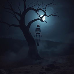 A chilling scene depicting a skeleton hanging ominously from a gnarled tree branch in the middle of a desolate, dark landscape