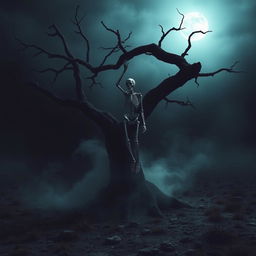 A chilling scene depicting a skeleton hanging ominously from a gnarled tree branch in the middle of a desolate, dark landscape