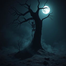 A chilling scene depicting a skeleton hanging ominously from a gnarled tree branch in the middle of a desolate, dark landscape