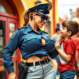 A scene featuring a confident policewoman with gigantic breasts wearing a police uniform, complete with a hat and sunglasses