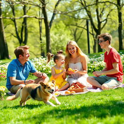 A heartwarming scene of a happy family enjoying a picnic in a sunny park