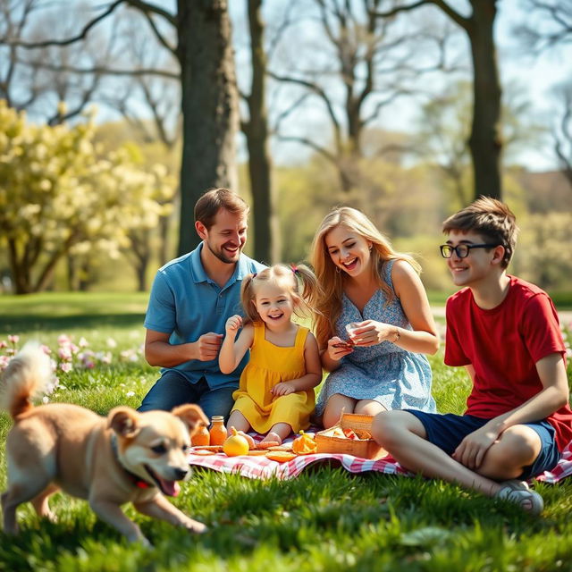 A heartwarming scene of a happy family enjoying a picnic in a sunny park