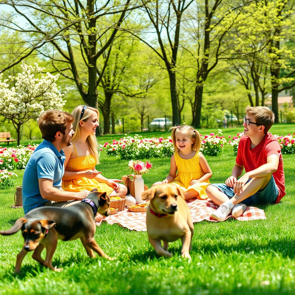 A heartwarming scene of a happy family enjoying a picnic in a sunny park