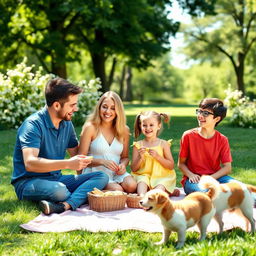 A heartwarming scene of a happy family enjoying a picnic in a sunny park