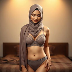 An elegant Malay woman wearing a hijab, beautifully posed in a mid shot portrait