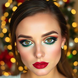 An elegant Christmas eye makeup look featuring rich jewel tones like deep emerald green and sparkling gold
