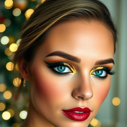 An elegant Christmas eye makeup look featuring rich jewel tones like deep emerald green and sparkling gold