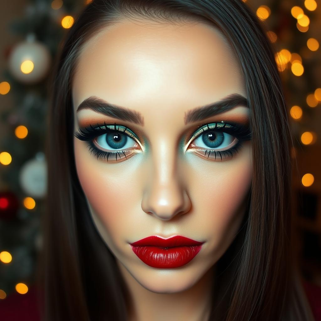 An elegant Christmas eye makeup look featuring rich jewel tones like deep emerald green and sparkling gold