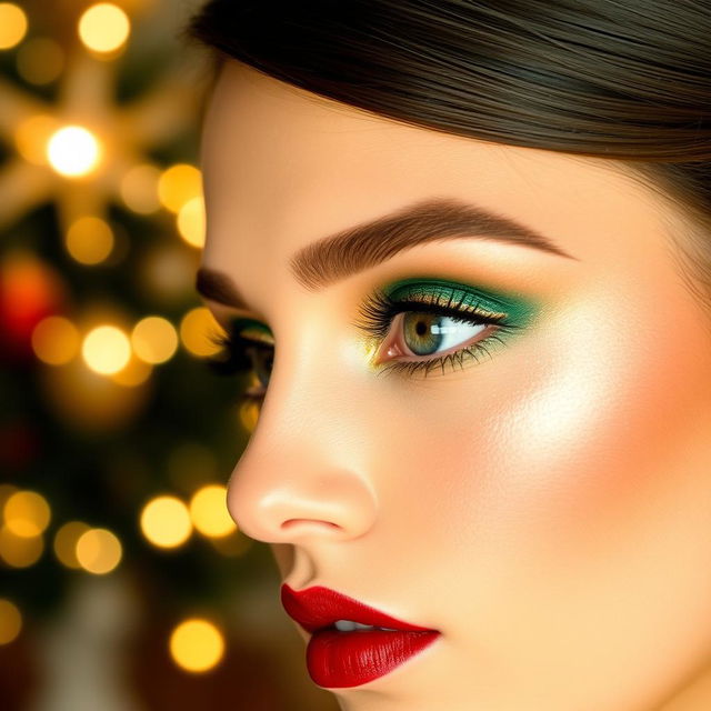 An elegant Christmas eye makeup look featuring rich jewel tones like deep emerald green and sparkling gold